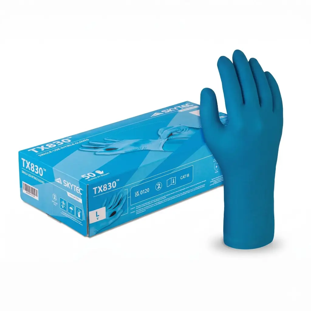Skytec TX830 Long Cuff HD Blue Nitrile Gloves 10 x box of 50